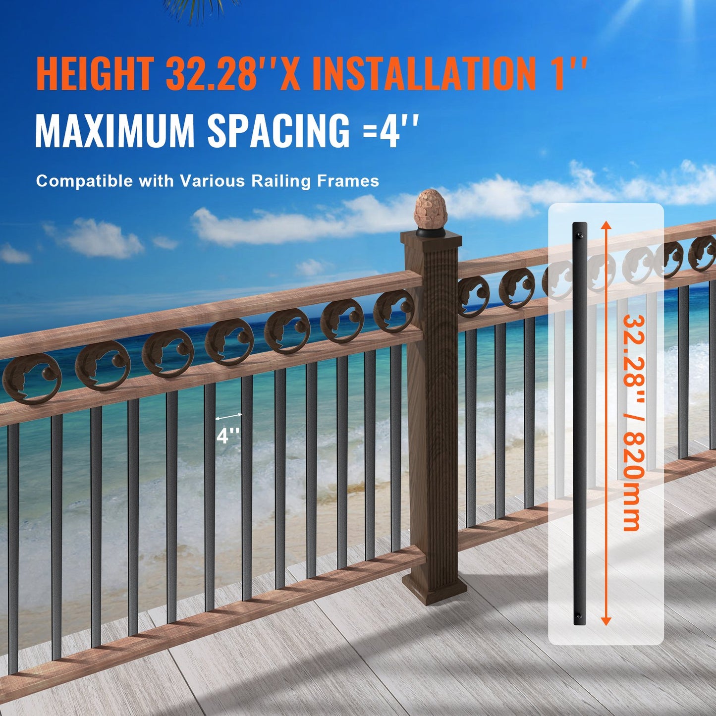 Staircase Metal Balusters, 32.28" x 1" x 0.2" Flat Aluminum Alloy Decorative Banister Spindles, 51 Pack Deck Baluster with Screws, Classic Hollow Deck Railing Satin Black Powder Coated for Porch