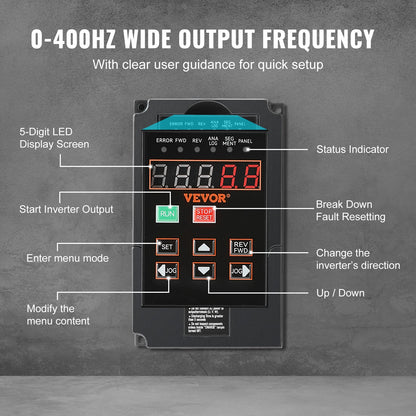 VFD 2HP, 1.5KW, 7.5A, 1 or 3 Phase 220V Input to 3 Phase 220V Output Variable Frequency Drive, 40-60Hz Input, 0-400Hz Output VFD for Spindle Motor CNC Speed Control