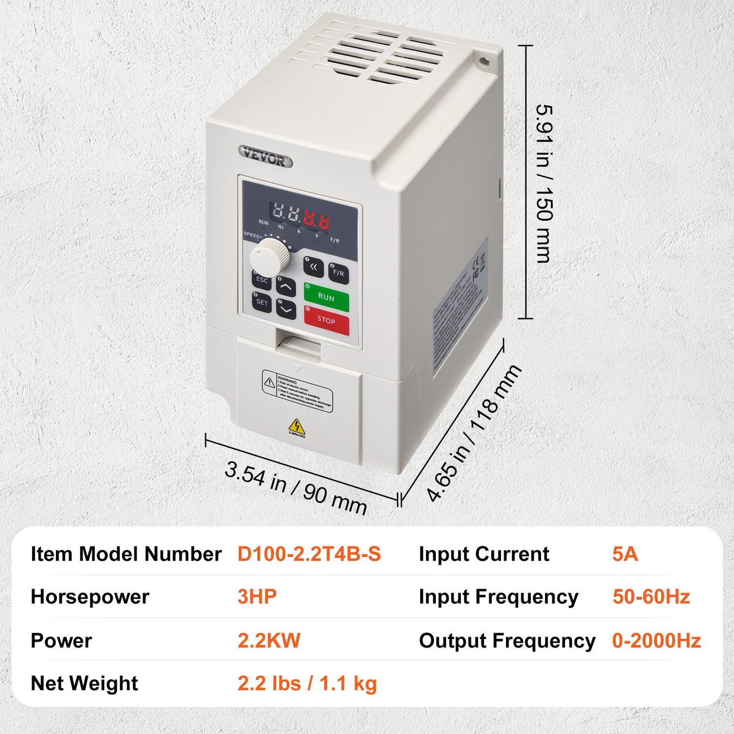 VFD 3 PS, 2,2 kW, 5 A, 3-phasiger Wechselstrom, 380 V Eingang auf 3-phasigen 0–380 V Ausgang, 0–2000 Hz