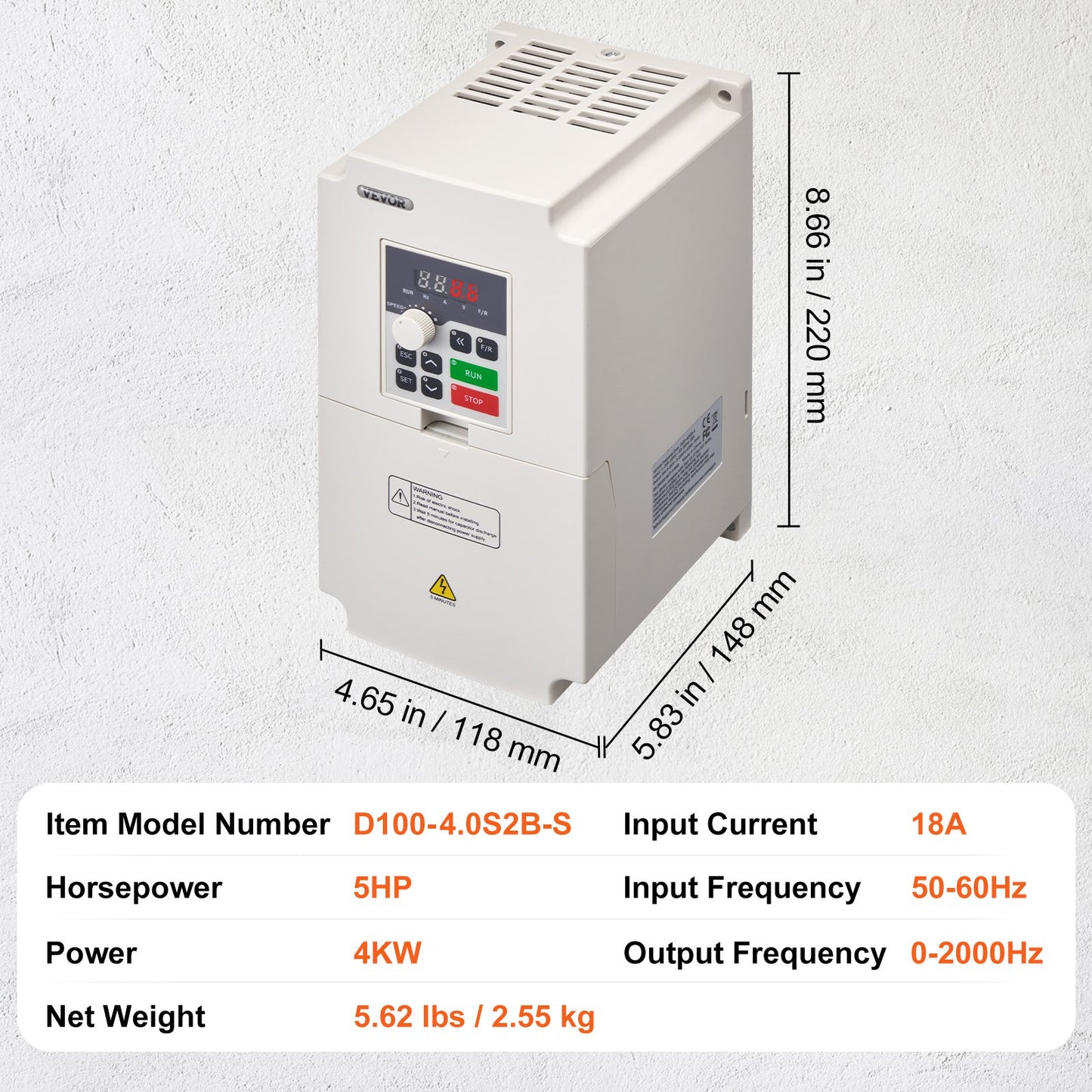 VFD 5 PS, 4 kW, 18 A, 1- oder 3-Phasen-Wechselstrom, 220 V Eingang auf 3-Phasen-Wechselstrom, 0–220 V Ausgang