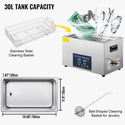 30L Ultrasonic Cleaner 28/40khz Dual Frequency Professional Ultrasonic Parts Cleaner with Heater Timer for Parts Dental Instruments Cleaning