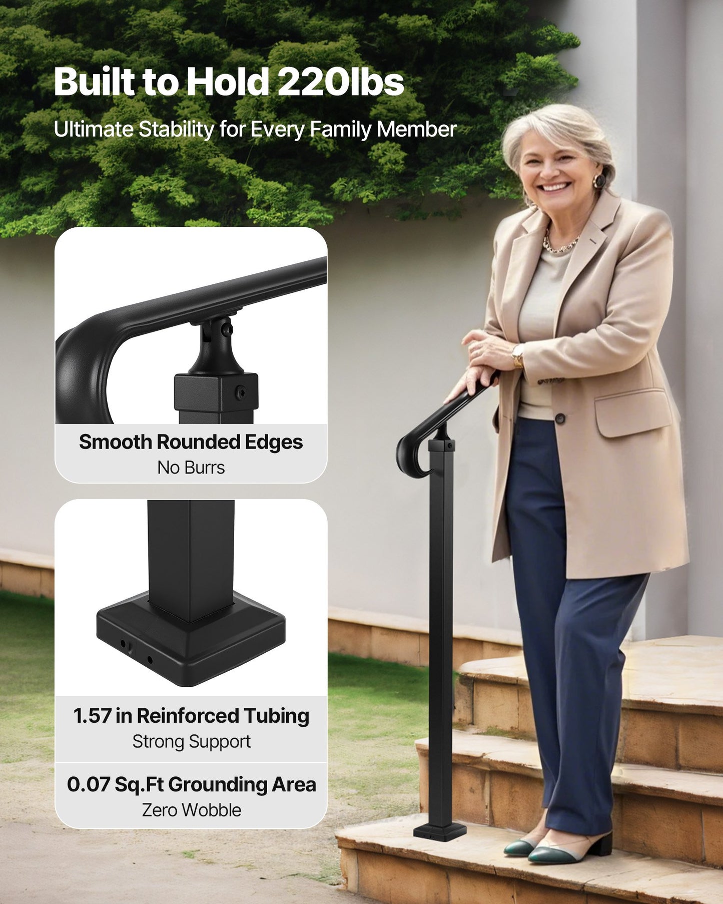 Handrails for Outdoor Steps, 2-3 Step Adjustable Height, Carbon Steel Transitional Handrail with Installation Kit, Exterior Hand Railing for Steps, Concrete or Wooden Stairs, Porch, Matte Black