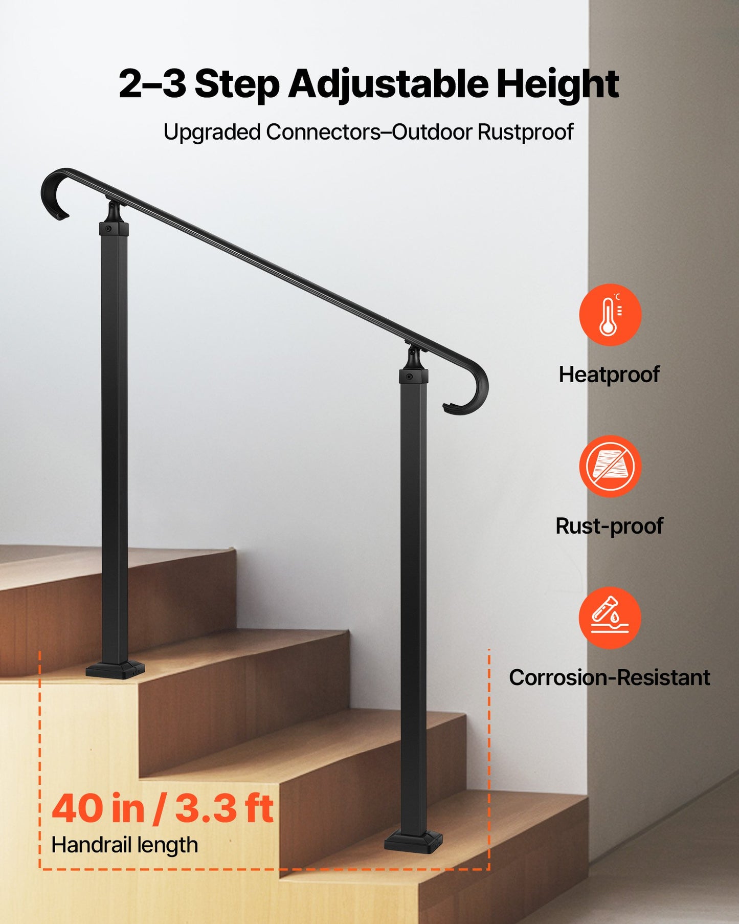 Handrails for Outdoor Steps, 2-3 Step Adjustable Height, Carbon Steel Transitional Handrail with Installation Kit, Exterior Hand Railing for Steps, Concrete or Wooden Stairs, Porch, Matte Black