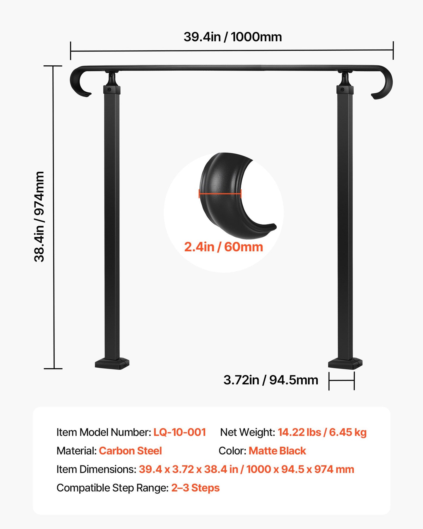 Handrails for Outdoor Steps, 2-3 Step Adjustable Height, Carbon Steel Transitional Handrail with Installation Kit, Exterior Hand Railing for Steps, Concrete or Wooden Stairs, Porch, Matte Black