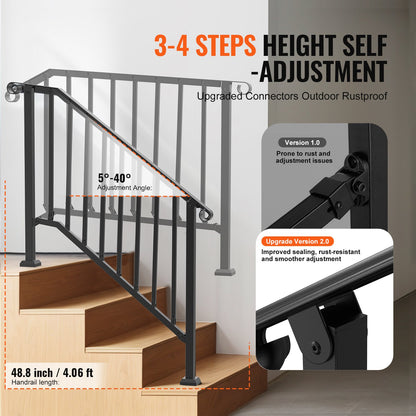 Handrails for Outdoor Steps, 3-4 Step Stair Hand Rail Kit, Transitional Iron Railings with Installation Kit, Stair Rails for Seniors, Concrete Steps & Porch & Deck, Black Retro Arch