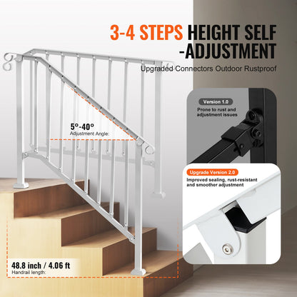 Handrails for Outdoor Steps, 3-4 Step Stair Hand Rail Kit, Transitional Carbon Steel Railings with Installation Kit, Stair Rails for Seniors, Concrete Steps & Porch & Deck, White Retro Arch