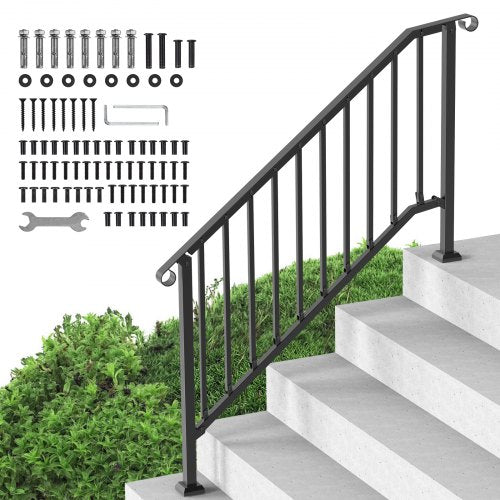 Handrails for Outdoor Steps, 5 Step Stair Hand Rail Kit, Transitional Carbon Steel Railings with Installation Kit, Stair Rails for Seniors, Concrete Steps & Porch & Deck, Black Retro Arch