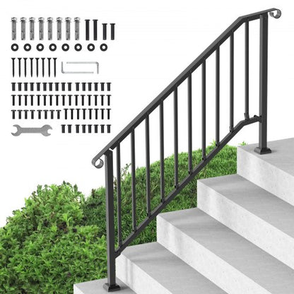 Handrails for Outdoor Steps, 5 Step Stair Hand Rail Kit, Transitional Carbon Steel Railings with Installation Kit, Stair Rails for Seniors, Concrete Steps & Porch & Deck, Black Retro Arch