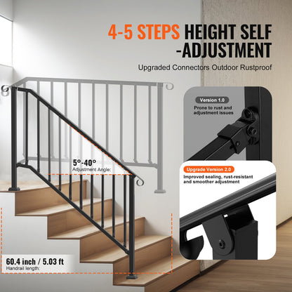 Handrails for Outdoor Steps, 5 Step Stair Hand Rail Kit, Transitional Carbon Steel Railings with Installation Kit, Stair Rails for Seniors, Concrete Steps & Porch & Deck, Black Retro Arch