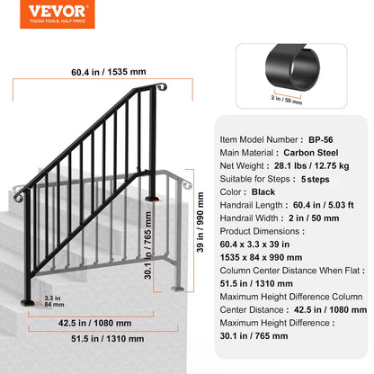 Handrails for Outdoor Steps, 5 Step Stair Hand Rail Kit, Transitional Carbon Steel Railings with Installation Kit, Stair Rails for Seniors, Concrete Steps & Porch & Deck, Black Retro Arch