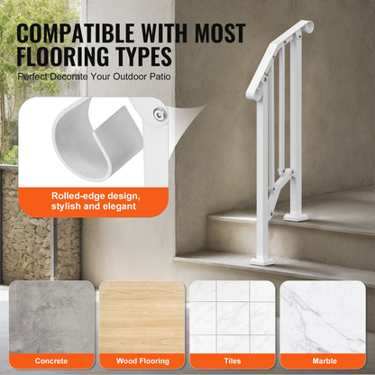 Handrails for Outdoor Steps, 1-2 Step Stair Hand Rail Kit, Transitional Carbon Steel Railings with Installation Kit, Stair Rails for Seniors, Concrete Steps & Porch & Deck, White Retro Arch