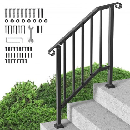 Handrails for Outdoor Steps, 2-3 Step Stair Hand Rail Kit, Transitional Carbon Steel Railings with Installation Kit, Stair Rails for Seniors, Concrete Steps & Porch & Deck, Black Retro Arch