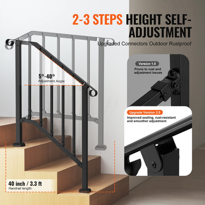 Handrails for Outdoor Steps, 2-3 Step Stair Hand Rail Kit, Transitional Carbon Steel Railings with Installation Kit, Stair Rails for Seniors, Concrete Steps & Porch & Deck, Black Retro Arch