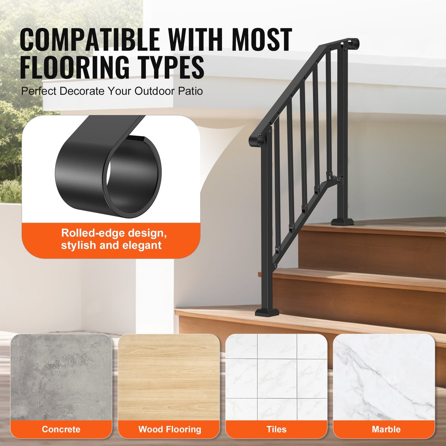 Handrails for Outdoor Steps, 2-3 Step Stair Hand Rail Kit, Transitional Carbon Steel Railings with Installation Kit, Stair Rails for Seniors, Concrete Steps & Porch & Deck, Black Retro Arch