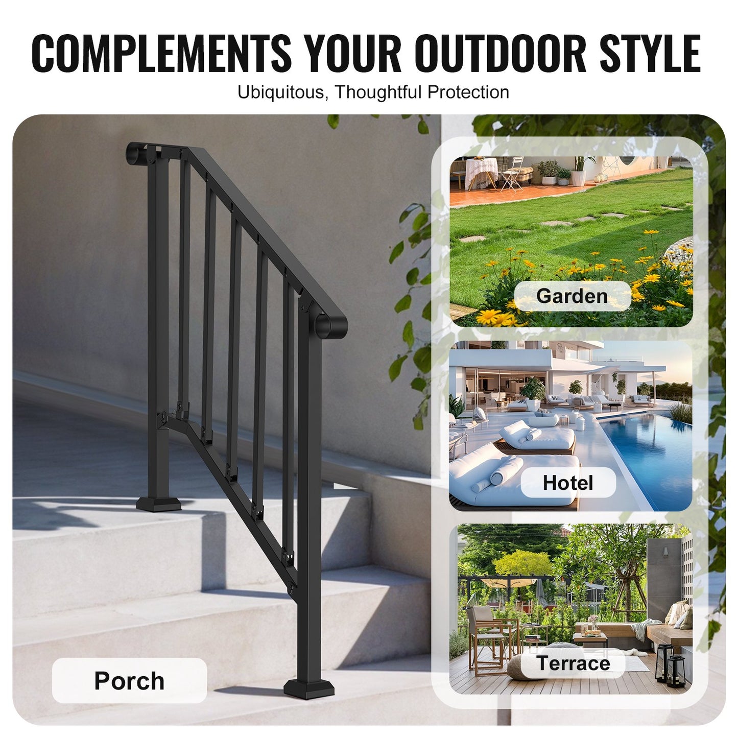 Handrails for Outdoor Steps, 2-3 Step Stair Hand Rail Kit, Transitional Carbon Steel Railings with Installation Kit, Stair Rails for Seniors, Concrete Steps & Porch & Deck, Black Retro Arch
