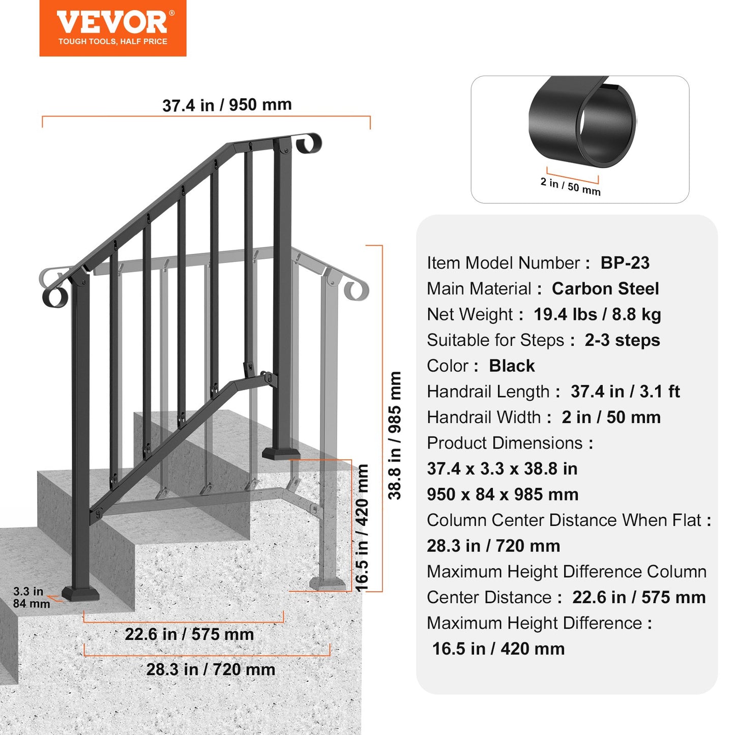 Handrails for Outdoor Steps, 2-3 Step Stair Hand Rail Kit, Transitional Carbon Steel Railings with Installation Kit, Stair Rails for Seniors, Concrete Steps & Porch & Deck, Black Retro Arch