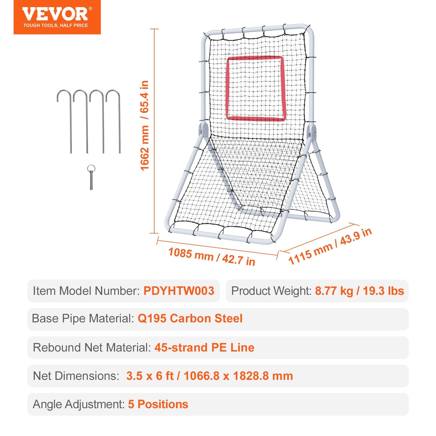 Baseball And Softball Rebounder Net, 3.5 x 6 ft PitchBack Baseball Pitching Nest, Softball Pitchback Net, Fielding Trainer, Bounce Back Net for Fielding/Throwing Practice, 5 Adjustable Angles