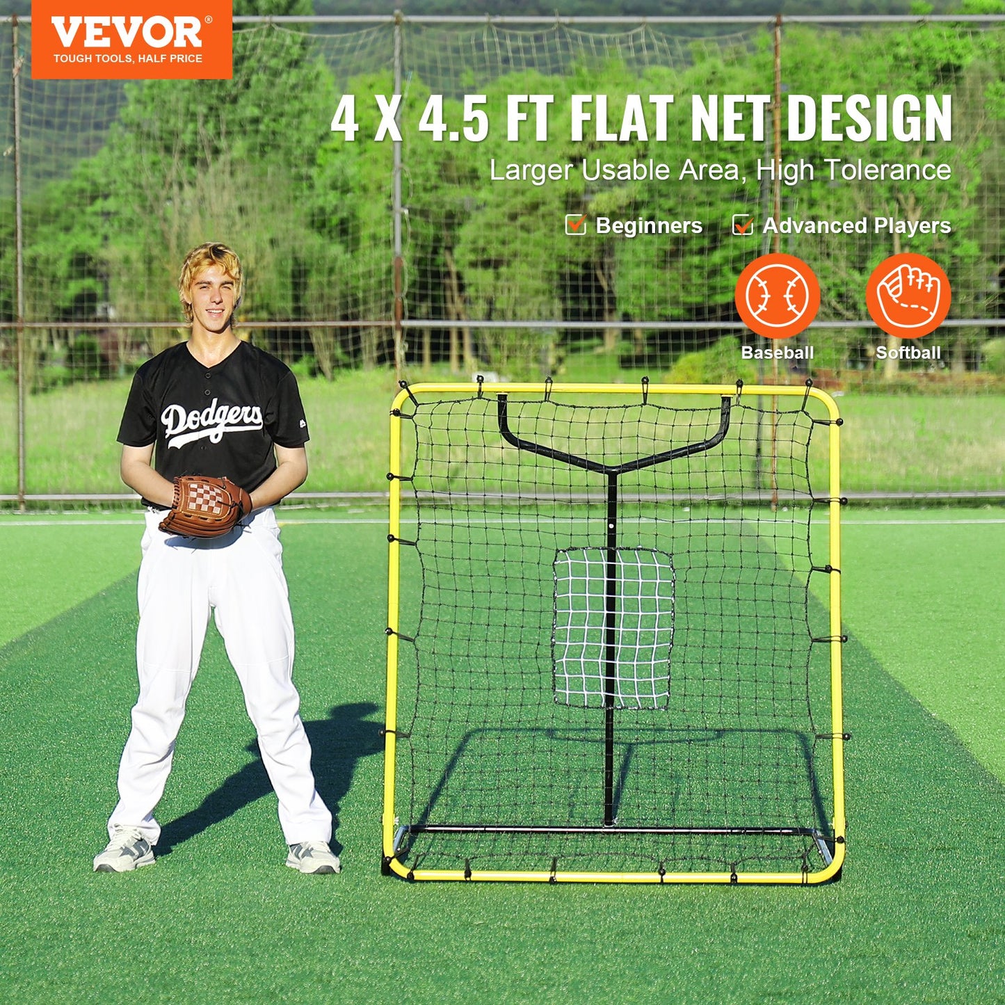 Baseball- und Softball-Rebounder-Netz, 4 x 4,5 Fuß, PitchBack, verstellbare Winkel