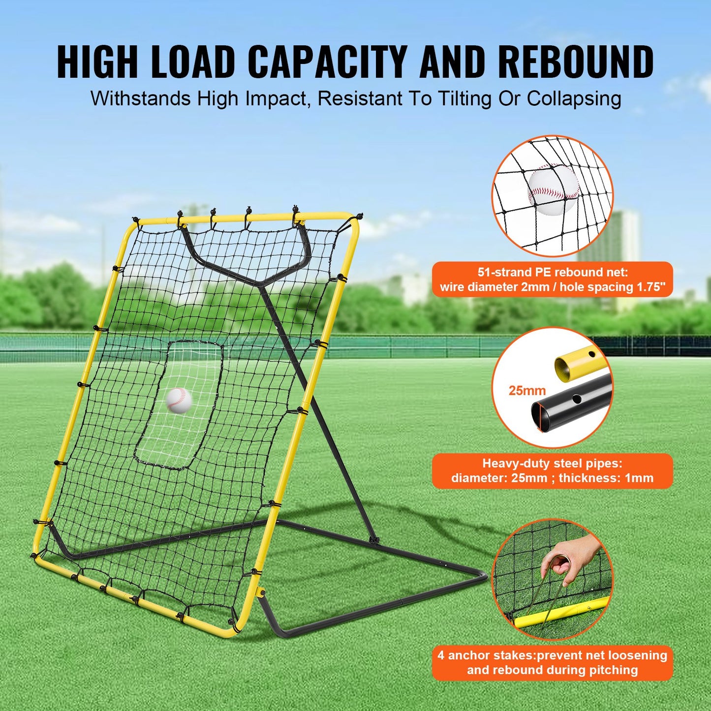 Baseball- und Softball-Rebounder-Netz, 4 x 4,5 Fuß, PitchBack, verstellbare Winkel