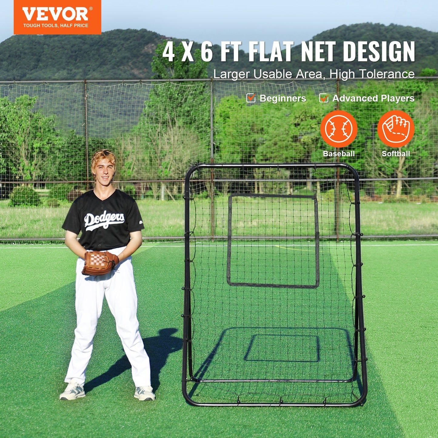 Baseball- und Softball-Rebounder-Netz, 1,2 x 1,8 m, PitchBack, verstellbare Winkel