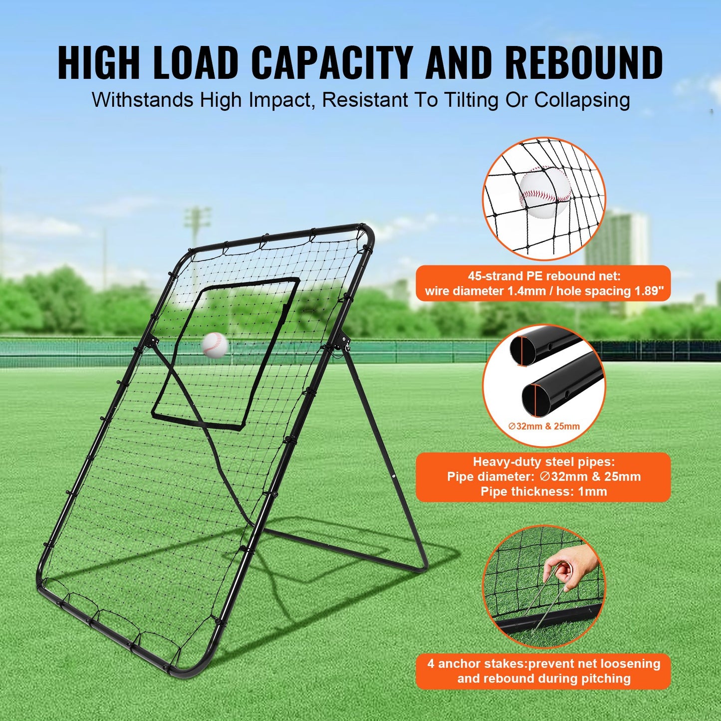 Baseball- und Softball-Rebounder-Netz, 1,2 x 1,8 m, PitchBack, verstellbare Winkel