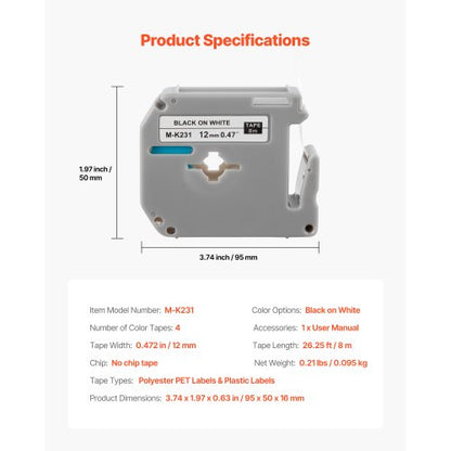 label tape 4-pack 12 mm black on white refill for label printer M-K231