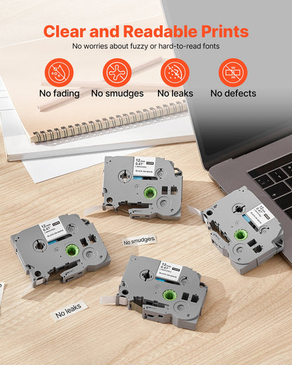 Label Maker Tape, 4 Pack, 0.47 in / 12 mm Black on White Label Maker Refills Compatible for Various Types of Brother P-Touch Labelers, Durable & Long-lasting, Replacement for Letra Tag TZe-231
