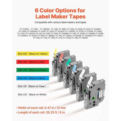 label tape 6-pack 12 mm colored refills for label printers TZe-131 TZe-231