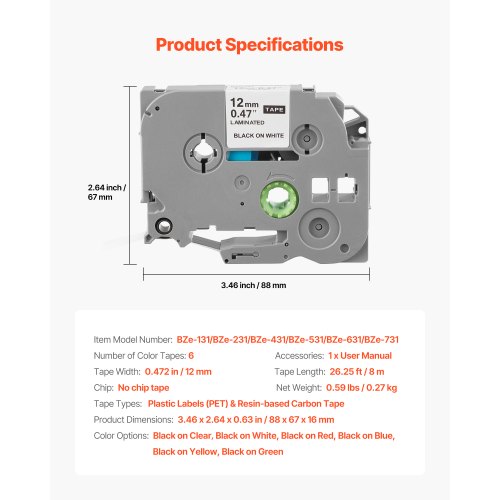 label tape 6-pack 12 mm colored refills for label printers TZe-131 TZe-231