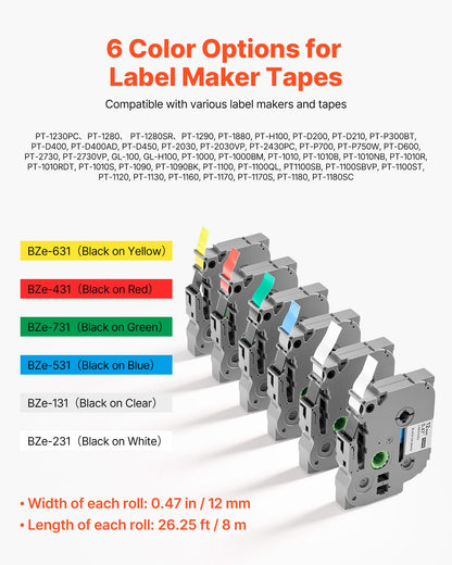 Label Maker Tape, 6 Pack, 0.47 in / 12 mm Colored Label Maker Refills Compatible for Various Types of Brother P-Touch, Replacement for Letra Tag TZe-131 TZe-231 TZe-431 TZe-531 TZe-631 TZe-731