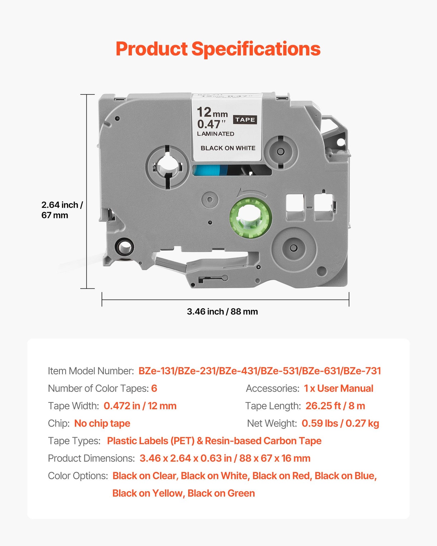 Label Maker Tape, 6 Pack, 0.47 in / 12 mm Colored Label Maker Refills Compatible for Various Types of Brother P-Touch, Replacement for Letra Tag TZe-131 TZe-231 TZe-431 TZe-531 TZe-631 TZe-731