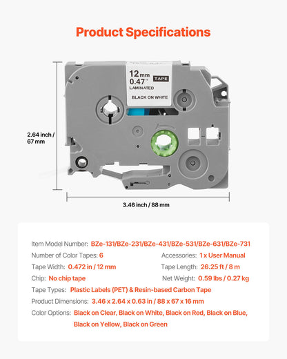 Label Maker Tape, 6 Pack, 0.47 in / 12 mm Colored Label Maker Refills Compatible for Various Types of Brother P-Touch, Replacement for Letra Tag TZe-131 TZe-231 TZe-431 TZe-531 TZe-631 TZe-731