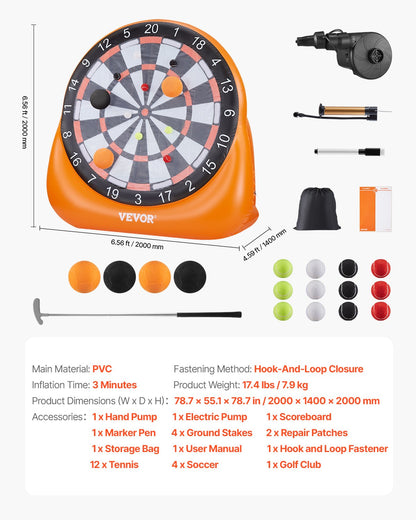 Inflatable Soccer Dart Board, over 6 ft High Giant Soccer Dart Board with 4 Kick Balls, 12 Tennis and Air Pump, 3-Min Setup, Ideal for Giant Yard Games, Giant Kick Darts Game, Backyard Golf Game