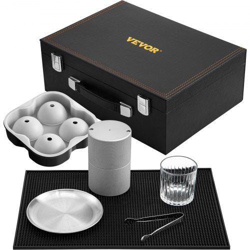 Ice Ball Press Kit, Anodized 7075 Aluminum, with Silicone Moulds, Large Mat, Stainless Steel Tong & Two Glasses, Double Size Crystal Clear Rounds for Whiskeys, Cocktails on Parties & Holidays