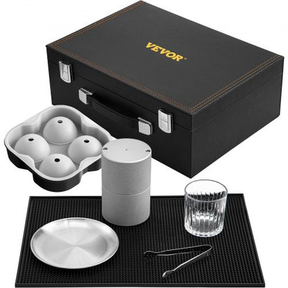Ice Ball Press Kit, Anodized 7075 Aluminum, with Silicone Moulds, Large Mat, Stainless Steel Tong & Two Glasses, Double Size Crystal Clear Rounds for Whiskeys, Cocktails on Parties & Holidays
