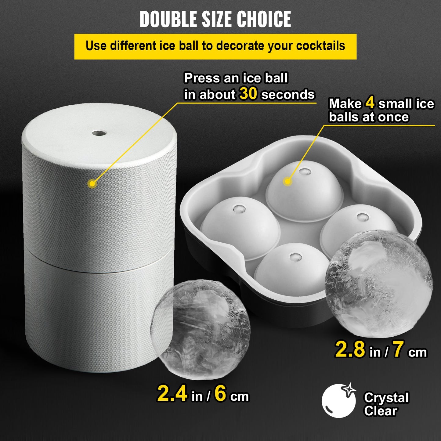 Ice Ball Press Kit, Anodized 7075 Aluminum, with Silicone Moulds, Large Mat, Stainless Steel Tong & Two Glasses, Double Size Crystal Clear Rounds for Whiskeys, Cocktails on Parties & Holidays