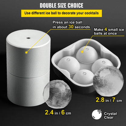 Ice Ball Press Kit, Anodized 7075 Aluminum, with Silicone Moulds, Large Mat, Stainless Steel Tong & Two Glasses, Double Size Crystal Clear Rounds for Whiskeys, Cocktails on Parties & Holidays