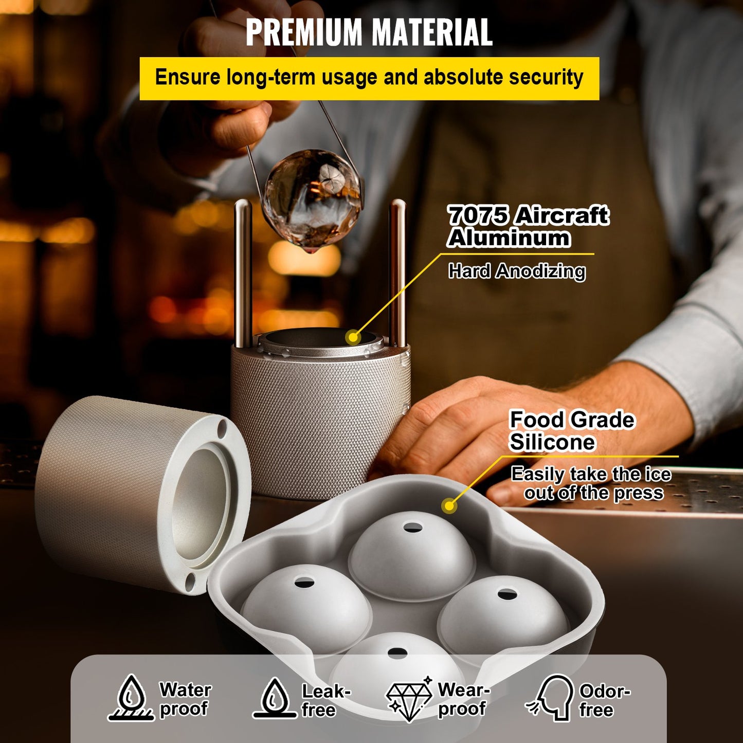 Ice Ball Press Kit, Anodized 7075 Aluminum, with Silicone Moulds, Large Mat, Stainless Steel Tong & Two Glasses, Double Size Crystal Clear Rounds for Whiskeys, Cocktails on Parties & Holidays