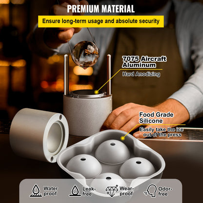 Ice Ball Press Kit, Anodized 7075 Aluminum, with Silicone Moulds, Large Mat, Stainless Steel Tong & Two Glasses, Double Size Crystal Clear Rounds for Whiskeys, Cocktails on Parties & Holidays