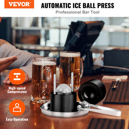 Eisballpresse, 2,4-Zoll-Eisballmaker, Eisballpressen-Set aus Flugzeug-Al-Legierung für 60-mm-Eiskugeln, Eispresse mit Zange und Tropfschale, für Whisky, Cocktail, Bourbon, Scotch auf Partys und im Urlaub, Schwarz