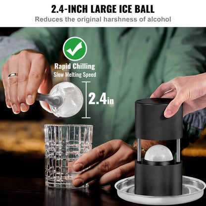 Eisballpresse, 2,4-Zoll-Eisballmaker, Eisballpressen-Set aus Flugzeug-Al-Legierung für 60-mm-Eiskugeln, Eispresse mit Zange und Tropfschale, für Whisky, Cocktail, Bourbon, Scotch auf Partys und im Urlaub, Schwarz