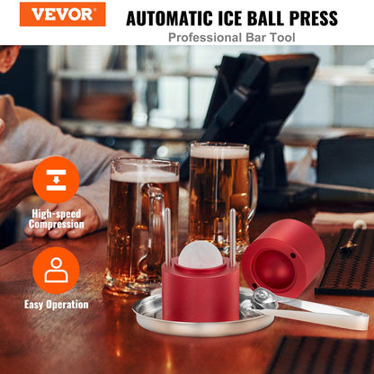 Eisballpresse, 2,4-Zoll-Eisballmaker, Eisballpressen-Set aus Flugzeug-Al-Legierung für 60-mm-Eiskugeln, Eispresse mit Zange und Tropfschale, für Whisky, Cocktail, Bourbon, Scotch auf Partys und im Urlaub, Rot