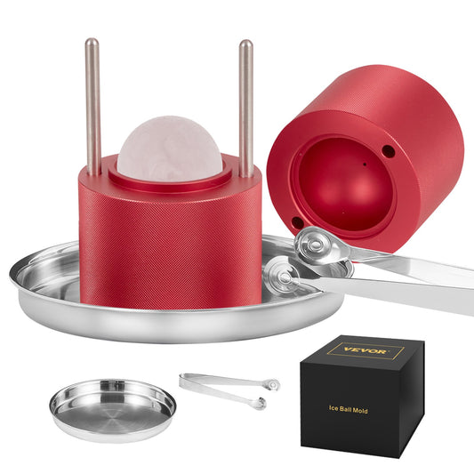 Eisballpresse, 2,4-Zoll-Eisballmaker, Eisballpressen-Set aus Flugzeug-Al-Legierung für 60-mm-Eiskugeln, Eispresse mit Zange und Tropfschale, für Whisky, Cocktail, Bourbon, Scotch auf Partys und im Urlaub, Rot