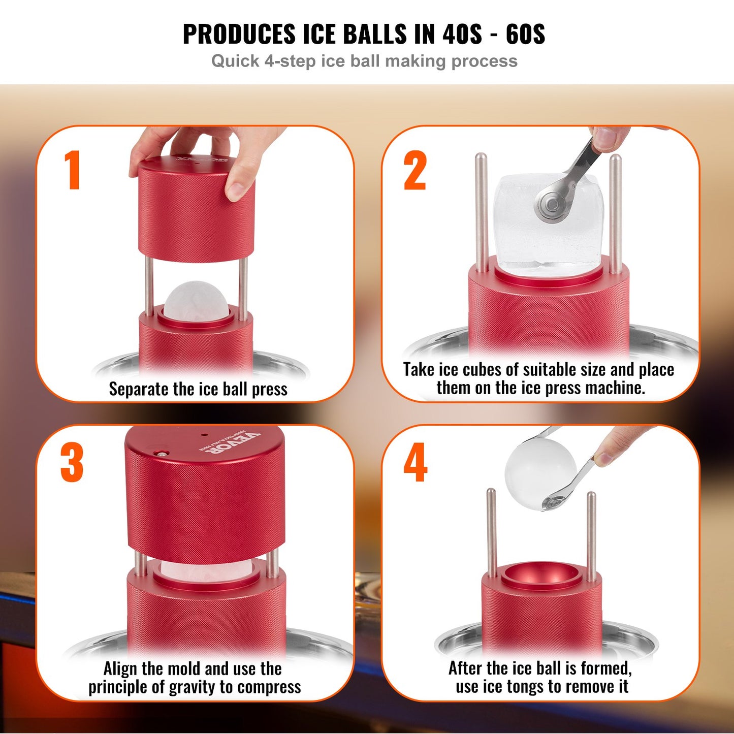 Ice Ball Press, 2.4" Ice Ball Maker, Aircraft Al Alloy Ice Ball Press Kit for 60mm Ice Sphere, Ice Press with Tong and Drip Tray, for Whiskey, Cocktail, Bourbon, Scot on Party & Holiday, Red