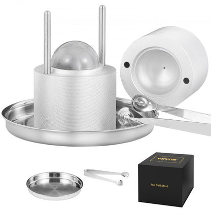 Ice Ball Press, 2.4" Ice Ball Maker, Aircraft Al Alloy Ice Ball Press Kit for 60mm Ice Sphere, Ice Press with Tong and Drip Tray, for Whiskey, Cocktail, Bourbon, Scot on Party & Holiday, Silver