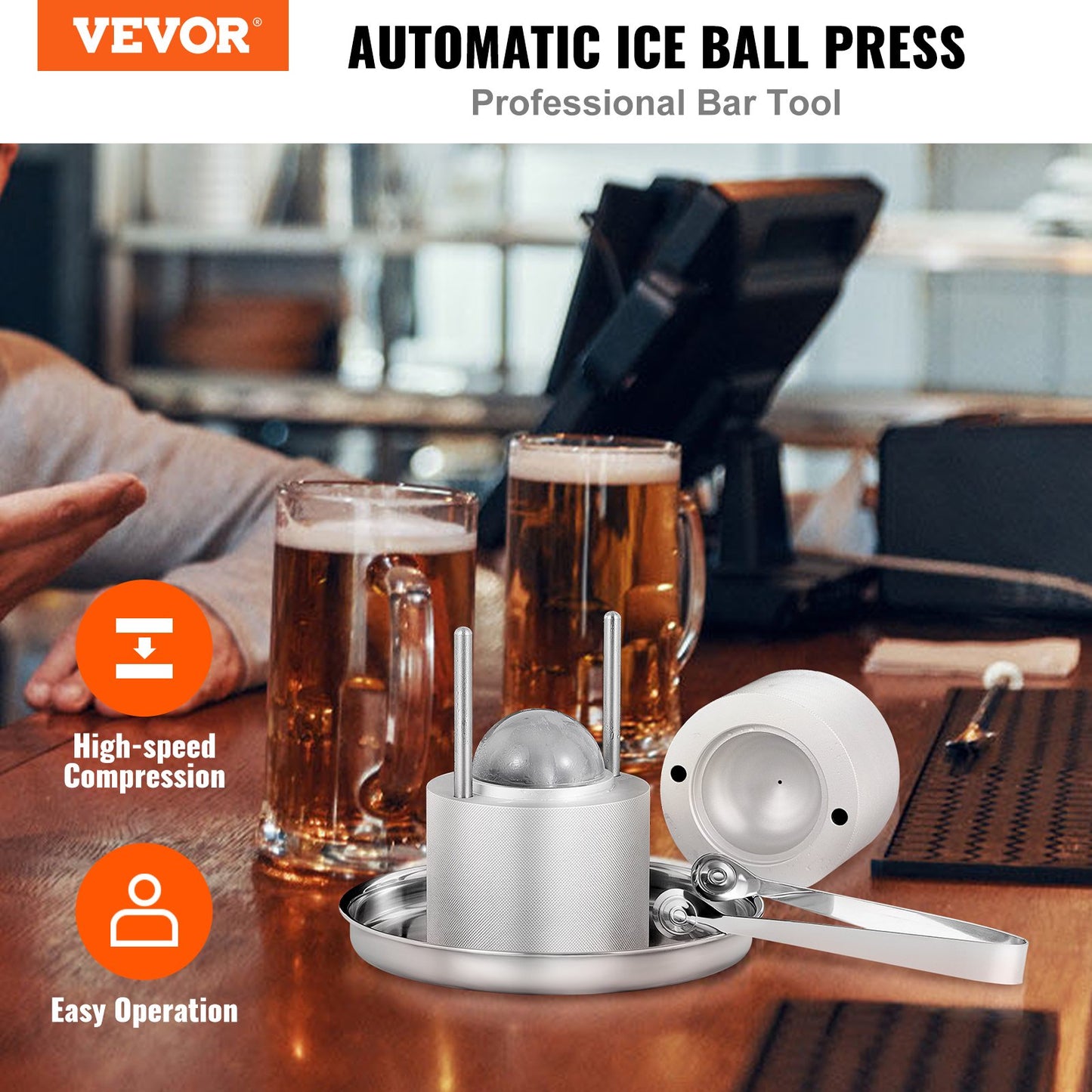 Eisballpresse, 2,4-Zoll-Eisballmaker, Eisballpressen-Set aus Flugzeug-Al-Legierung für 60-mm-Eiskugeln, Eispresse mit Zange und Abtropfschale, für Whisky, Cocktail, Bourbon, Scotch auf Partys und im Urlaub, Silber