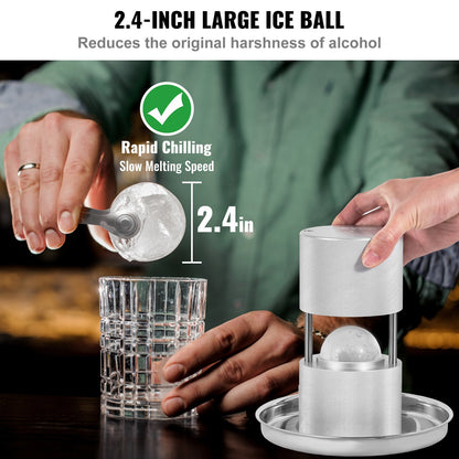 Eisballpresse, 2,4-Zoll-Eisballmaker, Eisballpressen-Set aus Flugzeug-Al-Legierung für 60-mm-Eiskugeln, Eispresse mit Zange und Abtropfschale, für Whisky, Cocktail, Bourbon, Scotch auf Partys und im Urlaub, Silber