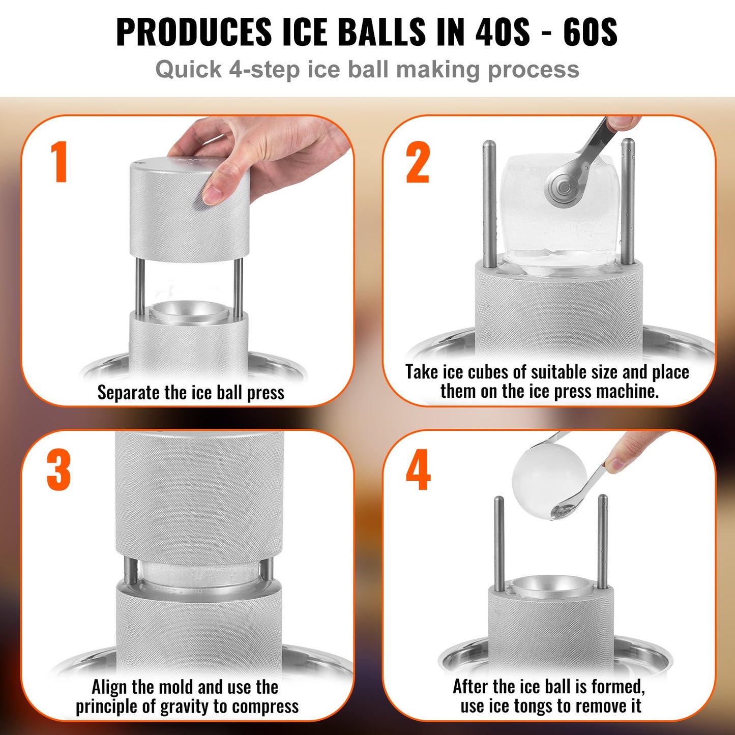 Ice Ball Press, 2.4" Ice Ball Maker, Aircraft Al Alloy Ice Ball Press Kit for 60mm Ice Sphere, Ice Press with Tong and Drip Tray, for Whiskey, Cocktail, Bourbon, Scot on Party & Holiday, Silver
