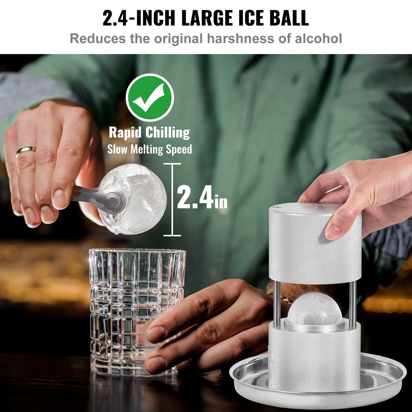 Ice Ball Press, 2.4" Ice Ball Maker, Aircraft Al Alloy Ice Ball Press Kit for 60mm Ice Sphere, Ice Press with Tong and Drip Tray, for Whiskey, Cocktail, Bourbon, Scot on Party & Holiday, Silver