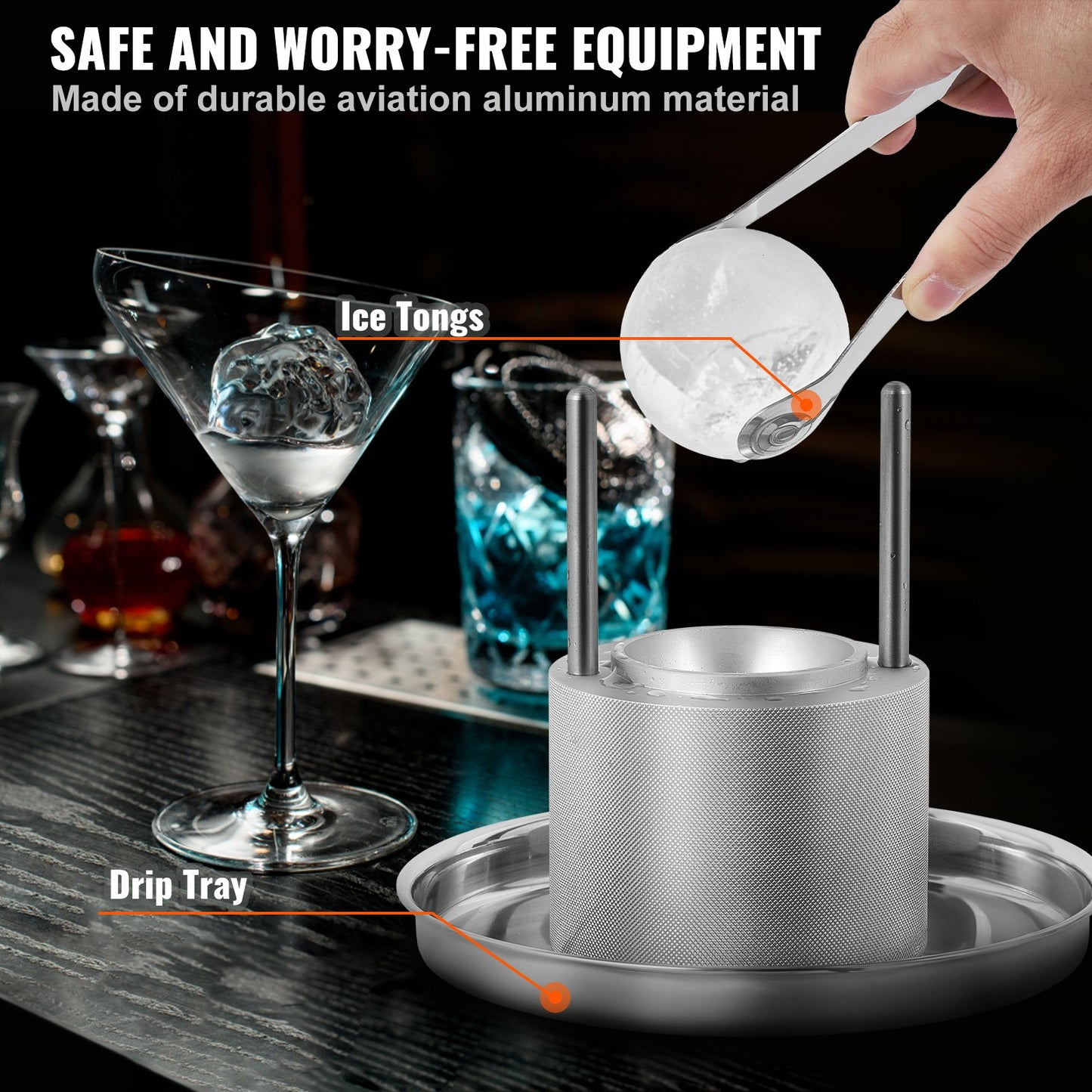 Ice Ball Press, 2.4" Ice Ball Maker, Aircraft Al Alloy Ice Ball Press Kit for 60mm Ice Sphere, Ice Press with Tong and Drip Tray, for Whiskey, Cocktail, Bourbon, Scot on Party & Holiday, Silver